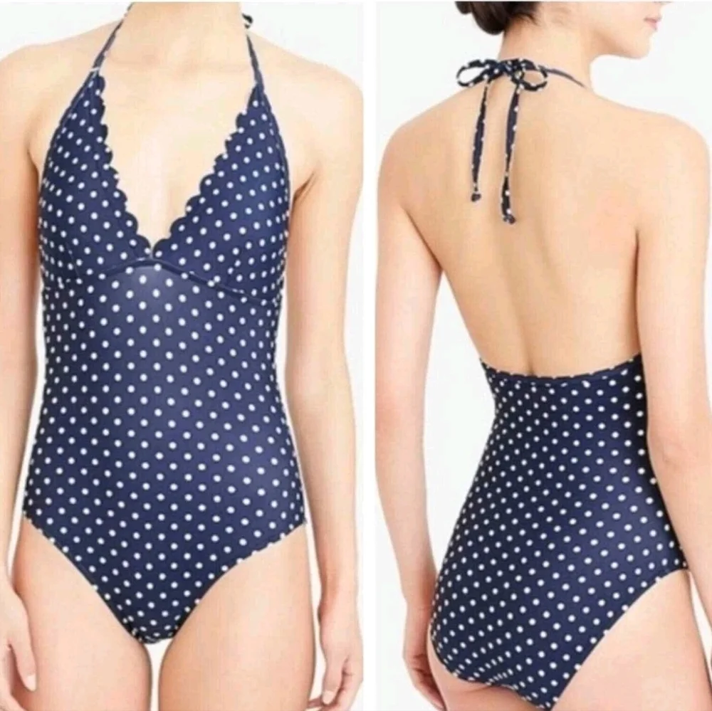 J. Crew Navy Blue Polka-Dot Scalloped Plunge V-Neck One Piece Swimsuit, XS
